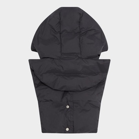 Yves Salomon Padded Hood Bib in black, quilted down-filled design with attached hood and press stud fastening, flat lay view