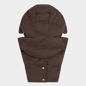 Yves Salomon Padded Hood Bib in Cold Brew, quilted down-filled sleeveless design with hood and press stud fastening, flat lay view