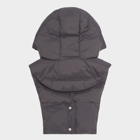 Yves Salomon Padded Hood Bib in grey, quilted down-filled sleeveless design with adjustable drawstring hood and press stud fastening