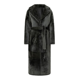 Yves Salomon Long Belted Shearling Coat in grey, notched lapel, wrap front, self-tie belt, long silhouette