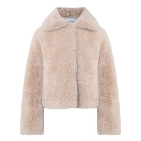 Yves Salomon beige shearling cropped coat with fluffy texture, wide lapel collar, and long sleeves, no model