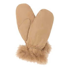 Yves Salomon Faux Fur Shearling Mittens in brown with plush faux fur cuff trim and elasticated wrist, one size