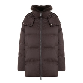Yves Salomon cold brew puffer jacket with fur-trimmed hood, zip fastening, and quilted panelling