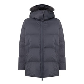 Yves Salomon grey padded down jacket with faux fur-trimmed hood, zip fastening, and quilted panels