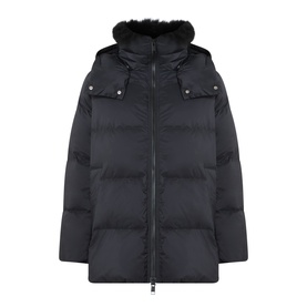 Yves Salomon A-Line Down Jacket in black with removable shearling collar, detachable hood, front zip fastening and press-stud pockets