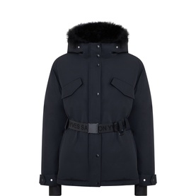 Yves Salomon Noir jacket with faux fur-trimmed hood, chest pockets, logo belt, and ribbed cuffs