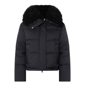 Yves Salomon Cropped Down Jacket in black with removable shearling collar, front zip fastening and slightly cropped silhouette