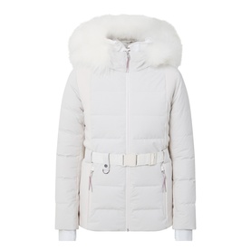 Yves Salomon Fur-Trim Padded Ski Jacket in Mont Blanc, quilted design with oversized fur hood trim, front zip, and matching belt.
