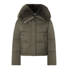 Yves Salomon Cropped Down Jacket in Herbal Tea with removable shearling collar, front zip fastening and press-stud welt pockets