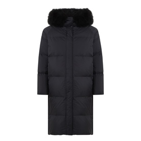 Yves Salomon black longline puffer jacket with fur-trimmed hood and quilted panels, front zip fastening