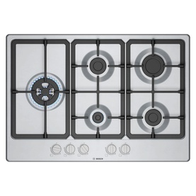 Bosch silver gas hob with 5 burners including one wok burner, black cast iron grates, and front-mounted controls