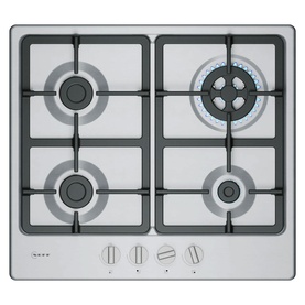 Neff silver gas hob with 4 burners including one wok burner, black cast iron pan supports and front control knobs