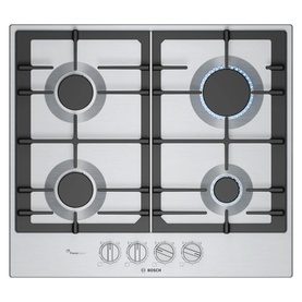 Bosch silver gas hob with 4 burners, cast iron pan supports, and front-mounted control knobs on stainless steel surface
