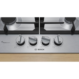 Bosch silver gas hob with four burners, stainless steel surface, black cast iron supports, and four control knobs with FlameSelect feature.
