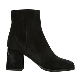 Valentino black suede ankle boot with block heel, gold ring detail at back, and side zip fastening