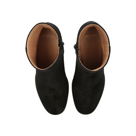 Valentino black suede ankle boots, overhead view showing round toe, side zip detail and tan leather lining
