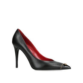 Valentino black leather pointed-toe stiletto pump with gold-tone toe cap detail and red lining, high stiletto heel.