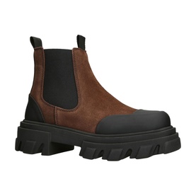 Brown suede Chelsea boot with black elasticated panel, toe cap, and chunky ridged black lug sole