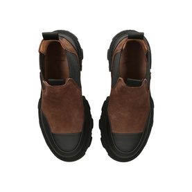 Brown and black suede Chelsea-style ankle boots with chunky black lug sole, viewed from above as a pair