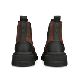 Brown suede Chelsea boots with elasticated side panels, pull tab, and chunky black platform sole, shown from rear angle