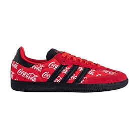 Adidas Samba sneaker in Coca-Cola red with allover logo print, black three stripes, and black sole