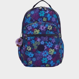 Kipling backpack in Dark Flwr Stamp, purple floral print, zip closure, side pockets, small monkey keyring charm