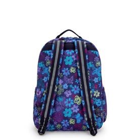 Kipling backpack in Dark Flwr Stamp, purple floral print, padded adjustable shoulder straps, rear view showing back panel.