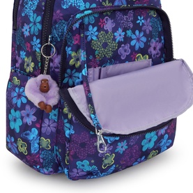 Kipling backpack in Dark Flwr Stamp print, purple and blue floral design, with open front pocket and signature monkey keyring.