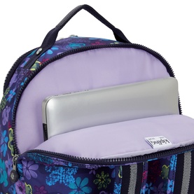 Kipling backpack in Dark Flwr Stamp, open top compartment revealing lilac lining and padded laptop sleeve