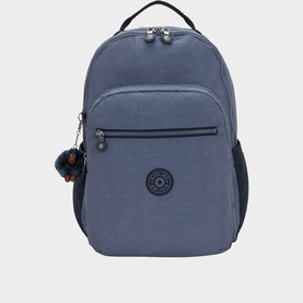 Kipling backpack in Game Grey with multiple zip compartments, top carry handle, and signature monkey keyring charm