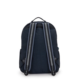 Kipling backpack in Game Grey, rear view showing padded grey striped shoulder straps and top carry handle