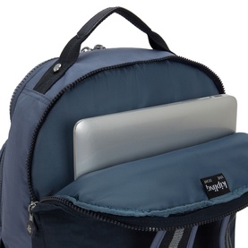 Kipling Game Grey backpack open to reveal padded laptop compartment with silver laptop inside, black zip detail