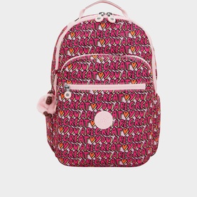 Kipling backpack in U R Great Prt, pink graphic print with slogan design, zip pockets, pink top handle and signature monkey keyring.