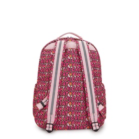 Kipling backpack in U R Great Prt pink graphic print, rear view showing padded shoulder straps and top carry handle.