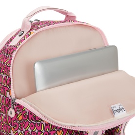 Kipling backpack in U R Great Prt print, open to reveal padded laptop compartment with pink lining and carry handle visible.