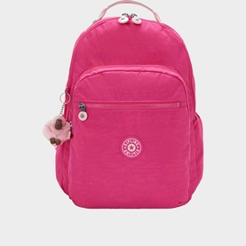 Kipling Intense Rose large backpack with front zip pocket, silver-tone hardware, and signature monkey keychain charm.