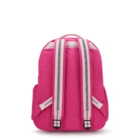 Kipling backpack in Intense Rose, rear view showing padded adjustable shoulder straps with stripe detail and structured base
