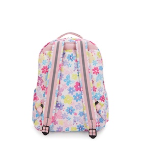Kipling backpack in Flower Stamp print, featuring pink floral and butterfly pattern, padded straps, and top carry handle, rear view.