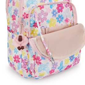 Kipling backpack in Flower Stamp print with open front pocket, pink lining, zip closure, and signature monkey keyring charm.