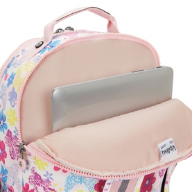 Kipling backpack in Flower Stamp print, open top showing padded laptop sleeve and pink floral exterior detail.