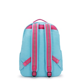 Kipling backpack in Smile Blue Bl with pink adjustable shoulder straps, padded back panel, rear view