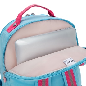 Kipling backpack in Smile Blue Bl, open to reveal padded laptop compartment with pink striped interior lining and carry handle.