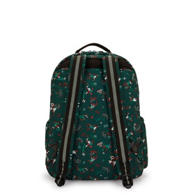 Kipling backpack in Soccer Prt print, dark green with all-over football motif, padded shoulder straps and top carry handle, rear view.
