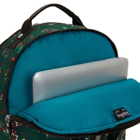 Kipling backpack in Soccer Prt print, open to reveal teal interior with padded laptop sleeve