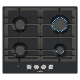 Bosch black glass gas hob with four burners, two shown lit with blue flames, featuring cast iron pan supports