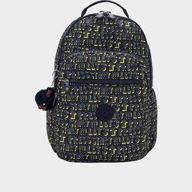 Kipling backpack in Lets Play Prt print, dark navy with yellow text pattern, zip closure, top handle and signature monkey keychain