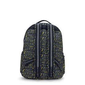 Kipling backpack in Lets Play Prt print, navy blue with yellow graphic pattern, padded back panel and top carry handle