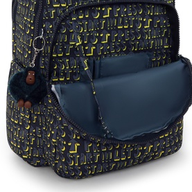 Kipling backpack in Lets Play Prt print, navy with yellow text pattern, open front pocket detail and signature monkey keyring.
