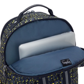 Kipling backpack in Lets Play Prt print, open top view showing padded laptop sleeve in blue-lined interior compartment.