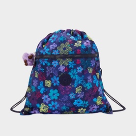 Kipling drawstring backpack in Dark Flwr Stamp, purple floral print fabric, zip front pocket, signature monkey charm